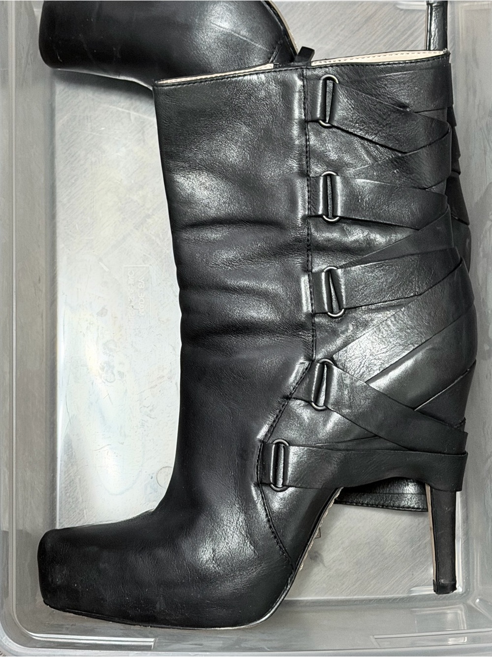 Boutique 9 Black Leather Strappy Mid-Calf 4” Heel Boot